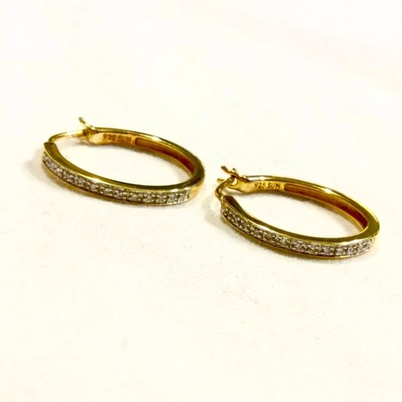 Jewelry - GENUINE DIAMONDS CLASSIC HOOP LARGE GOLD VERMEIL STERLING SILVER EARRINGS
